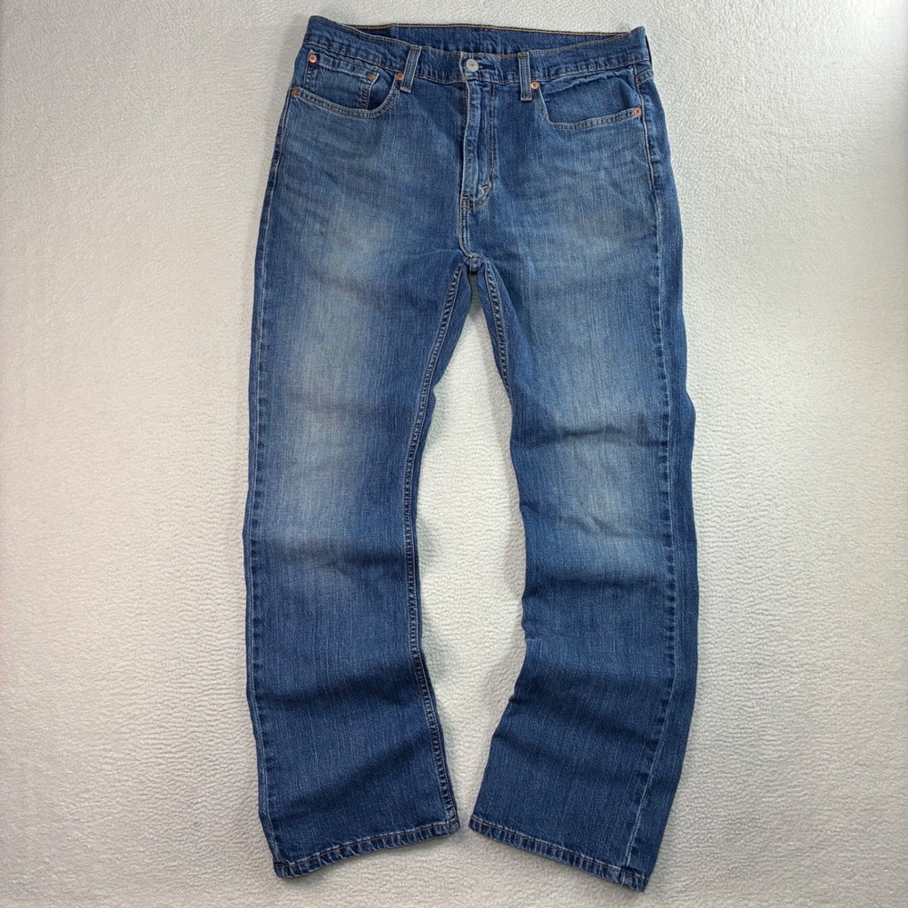 Levis 527 Slim Bootcut Jeans Mens 36x32 Blue Whiskered Distressed Faded Western